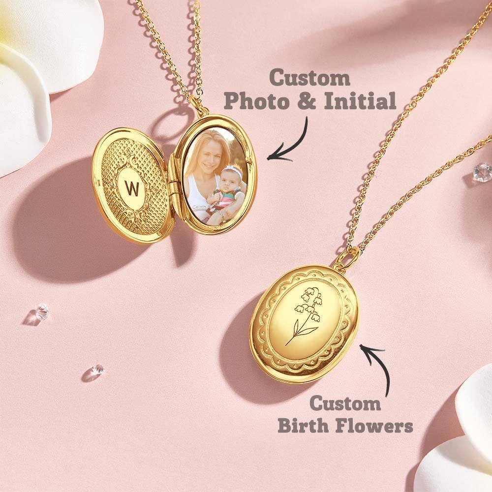 Personalized Birth Flower Locket Necklace with Photo Necklace Jewelry Gift for Her - SantaSocks