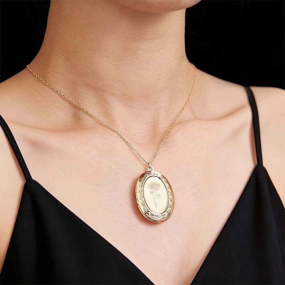 Custom Birth Flower Locket Necklace with Photo Personalized Engraved Bouquet Keepsake Memorial Christmas Valentine Gift