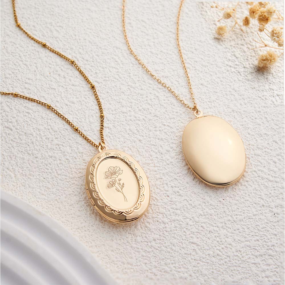 Custom Birth Flower Locket Necklace with Photo Personalized Engraved Bouquet Keepsake Memorial Christmas Valentine Gift