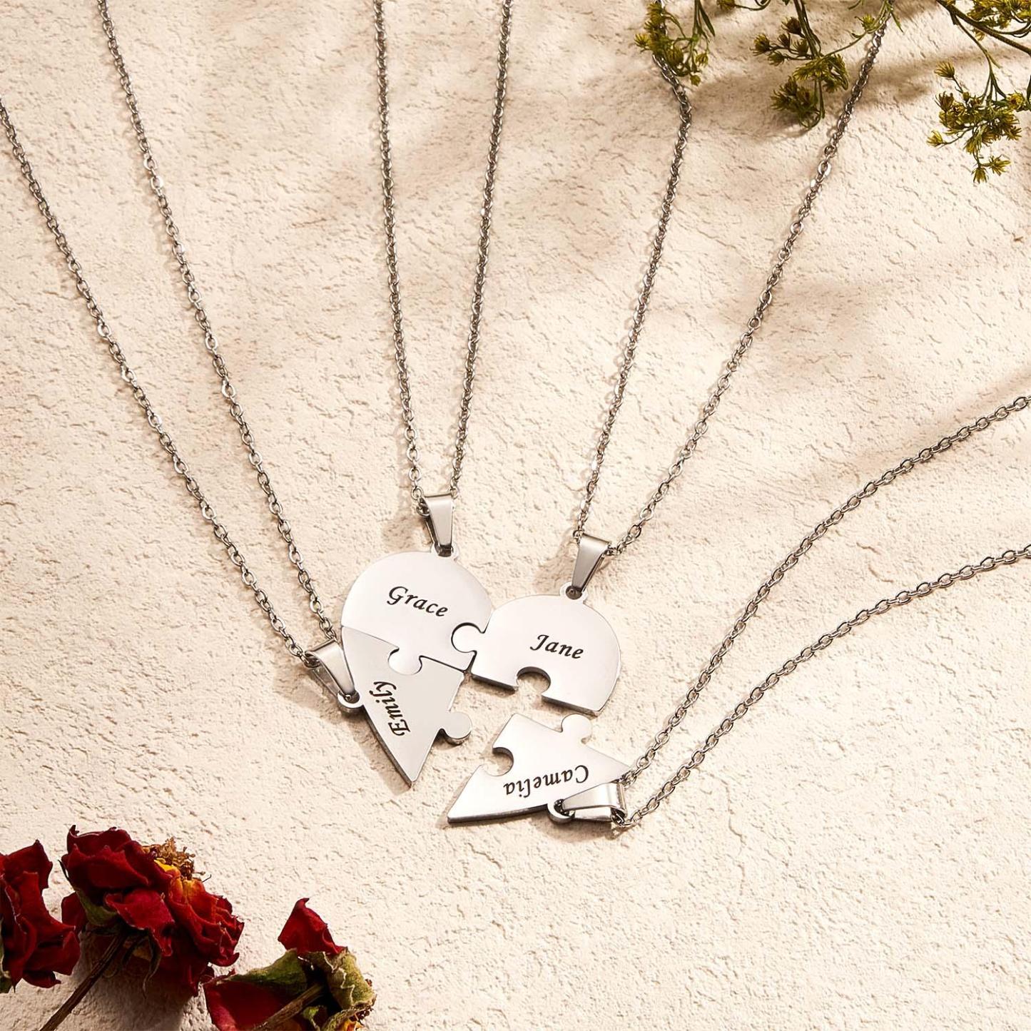 Engraved Family Name Puzzle Hearts - Personalized Heart Puzzle Name Necklace