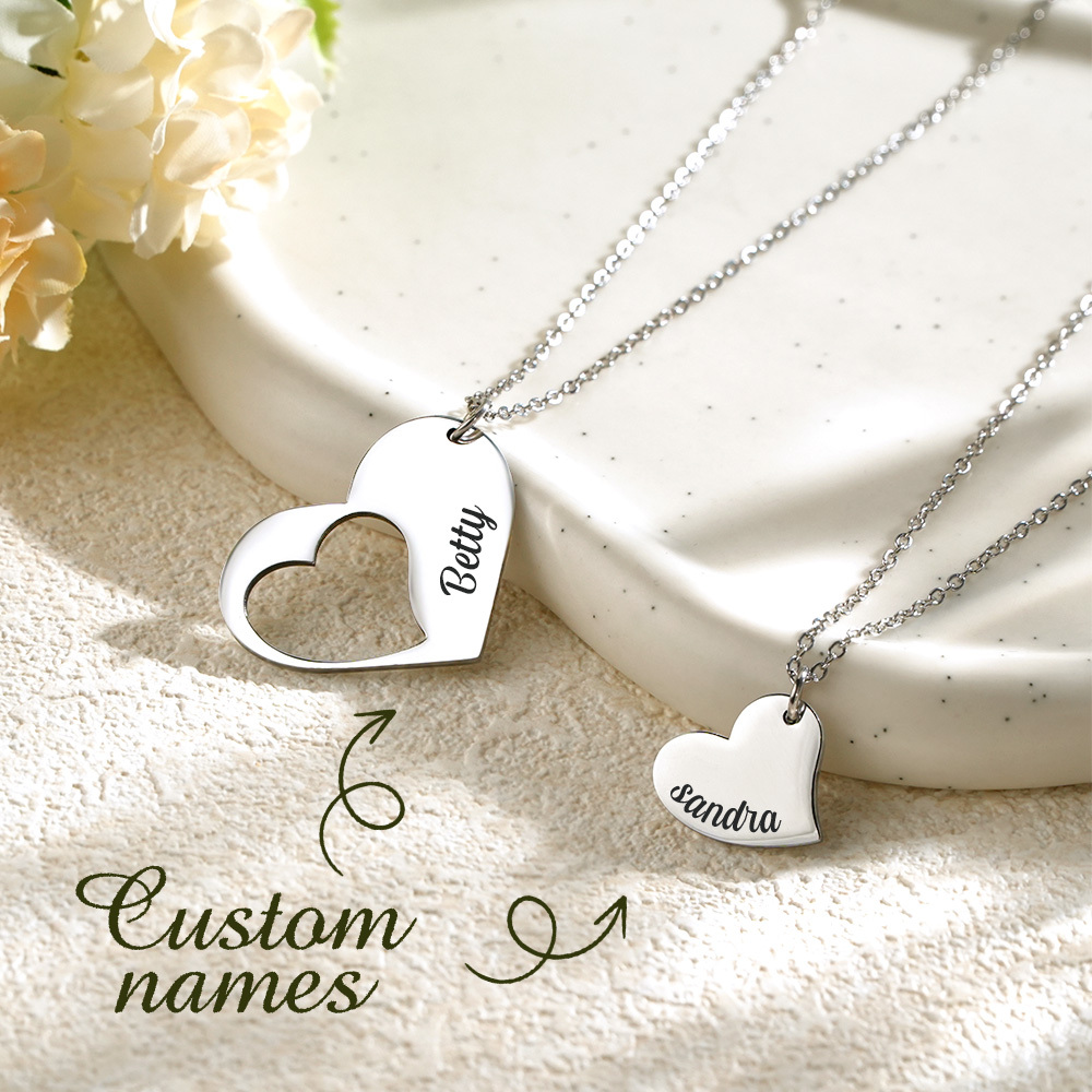 Mother Daughter Heart Necklace Set Sterling - Custom Engraved Two Puzzle Pendants - Family Gift for Mothers Day