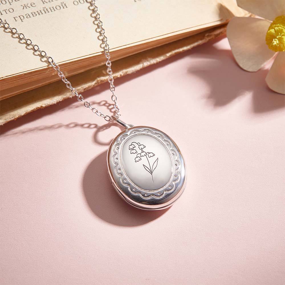 Personalized Birth Flower Locket Necklace with Photo Necklace Jewelry Gift for Her - SantaSocks