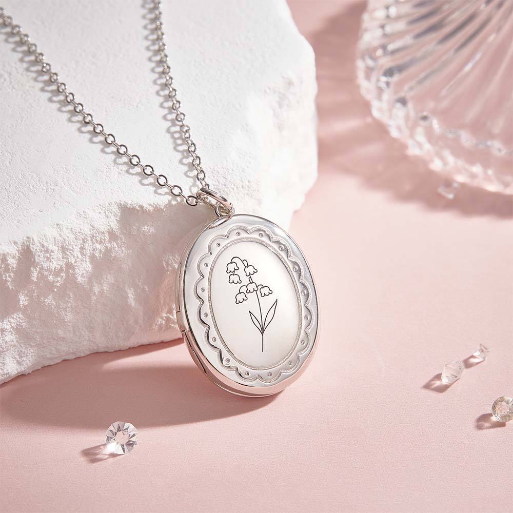 Personalized Birth Flower Locket Necklace with Photo Necklace Jewelry Gift for Her - SantaSocks