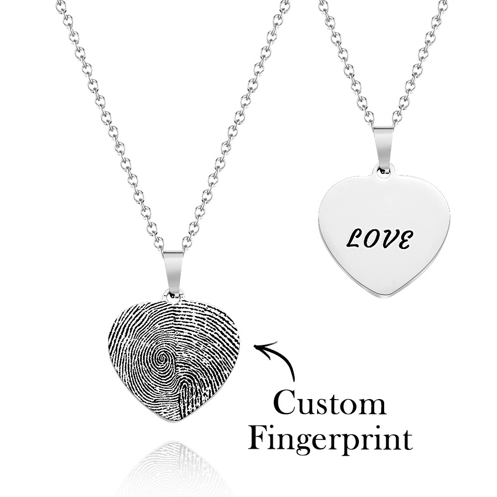 Custom Fingerprint Photo Necklace with Engraving Round Shape Custom Fingerprint Heart Jewelry 14K Gold Plated - SantaSocks