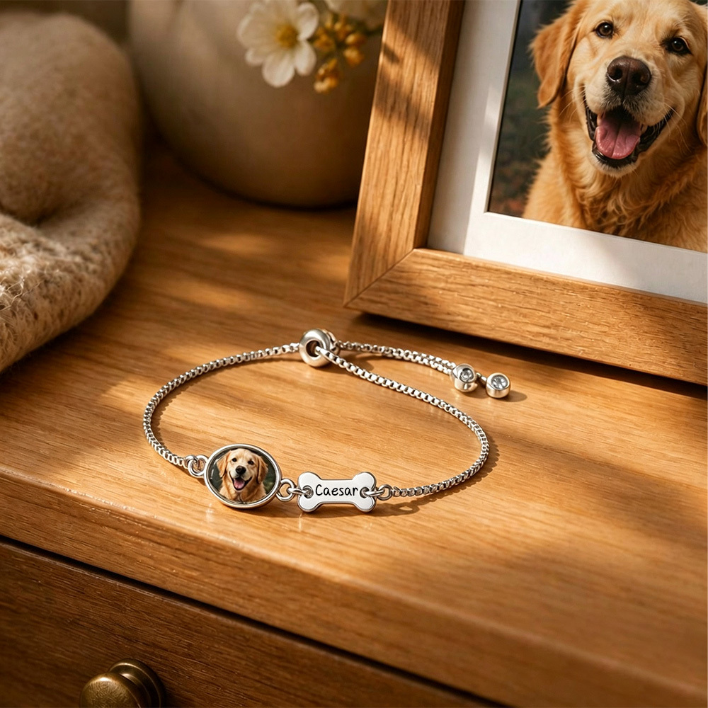 Personalized Pet Photo Bracelet, Custom Name Engraving & Pet Memorial Charm Jewelry, Cat Loss Gift, Remembering Pet - SantaSocks