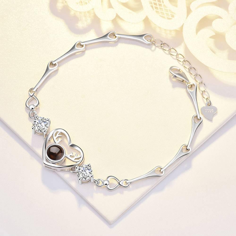 I Love You Bracelet in 100 Languages Projection Engraved Bracelet Heart with Antlers Silver - SantaSocks