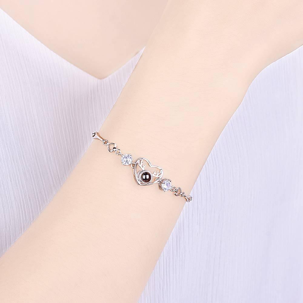 I Love You Bracelet in 100 Languages Projection Engraved Bracelet Heart with Antlers Silver - SantaSocks