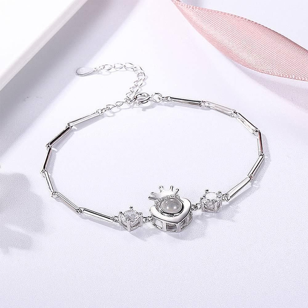 I Love You Bracelet in 100 Languages Projection Photo Engraved Bracelet Crown with Heart Silver - SantaSocks