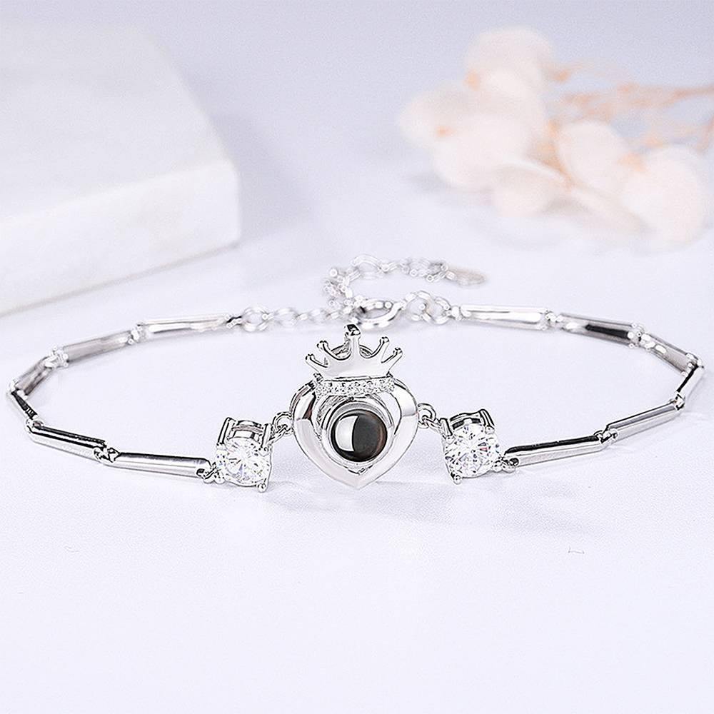 I Love You Bracelet in 100 Languages Projection Photo Engraved Bracelet Crown with Heart Silver - SantaSocks