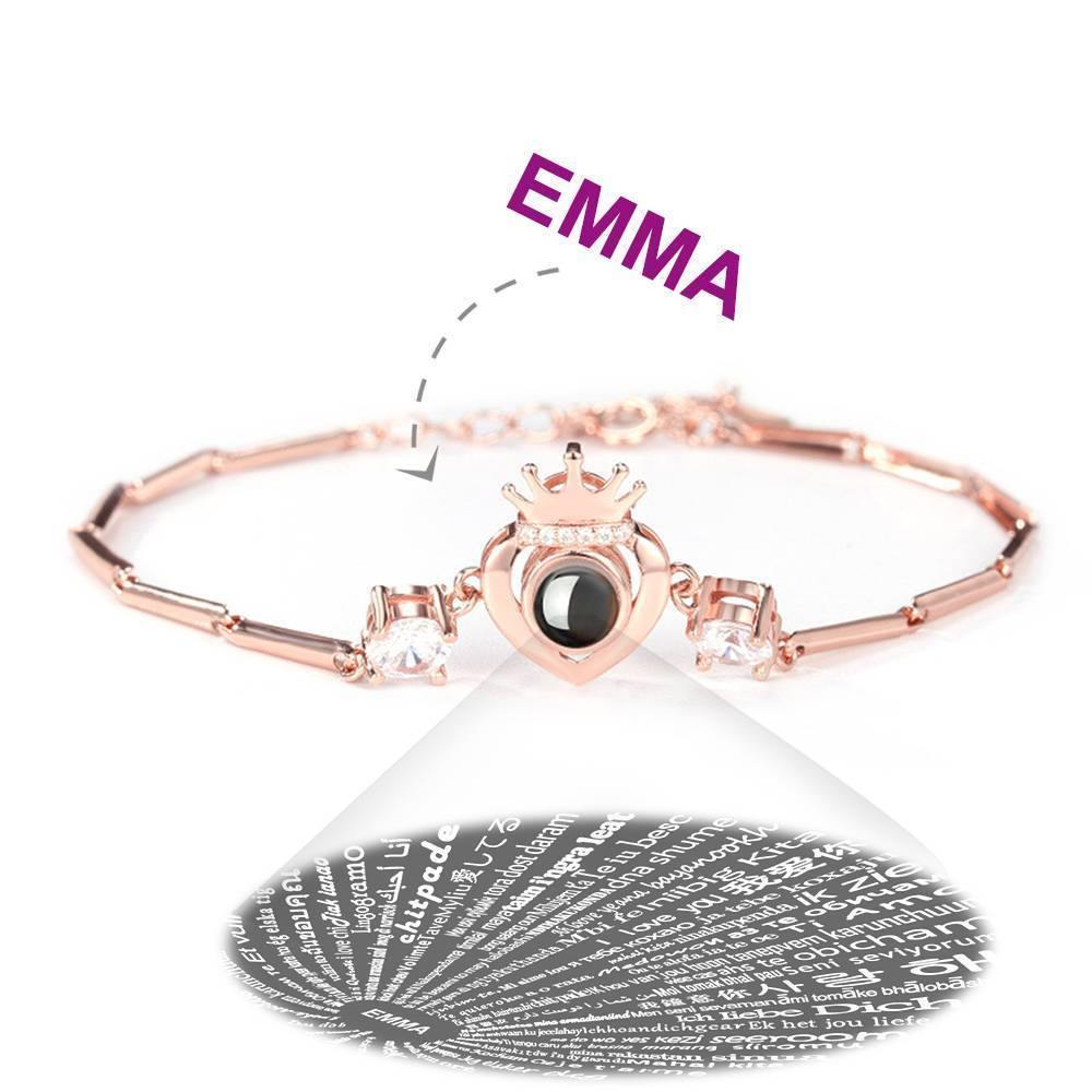 I Love You Bracelet in 100 Languages Projection Engraved Bracelet Crown with Heart Rose Gold Plated - Silver - SantaSocks