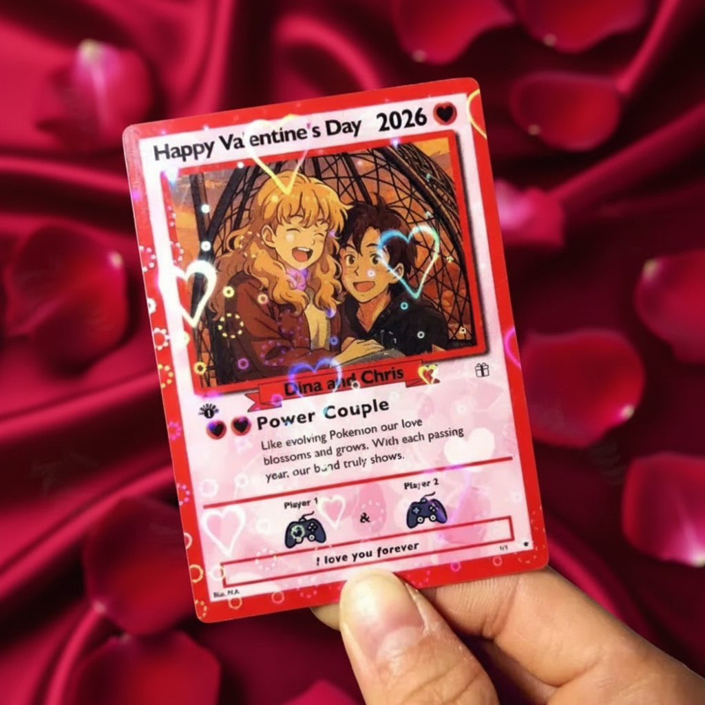 Personalized Valentine's Day Power Couple Card, Custom Anniversary Card Couple Photo Anime Style, Best Valentine's Day Gift for Lover - SantaSocks