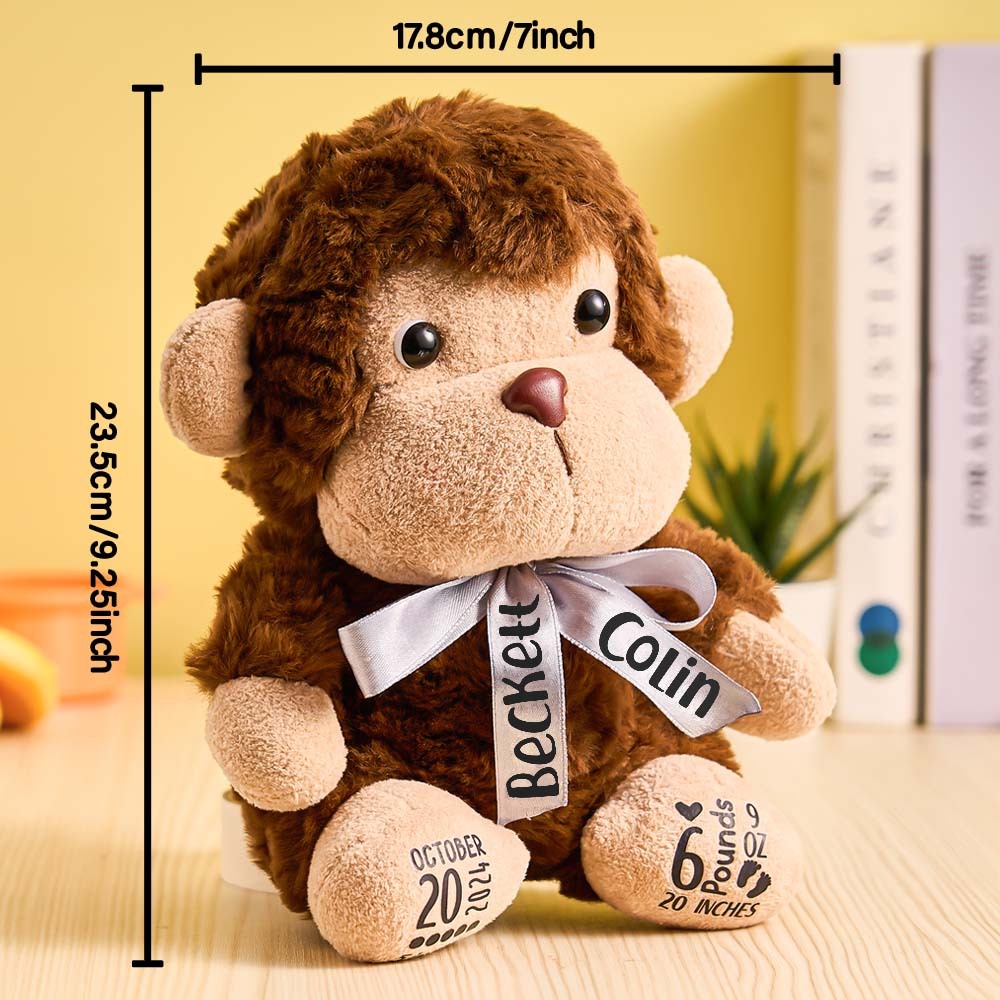 Personalized Monkey Plush Stuffed Animal Birth Announcement Gift for Baby Shower - SantaSocks