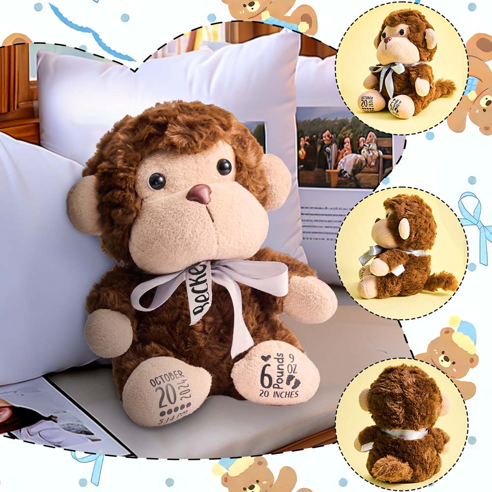 Personalized Monkey Plush Stuffed Animal Birth Announcement Gift for Baby Shower - SantaSocks