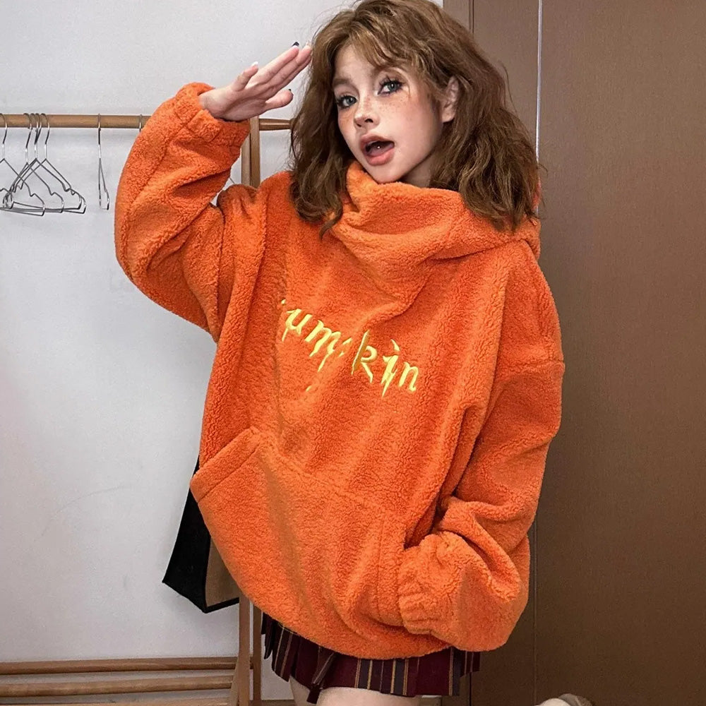 Cute Spooky Halloween Pumpkin Hoodie for Women Fuzzy Fleece Pullover