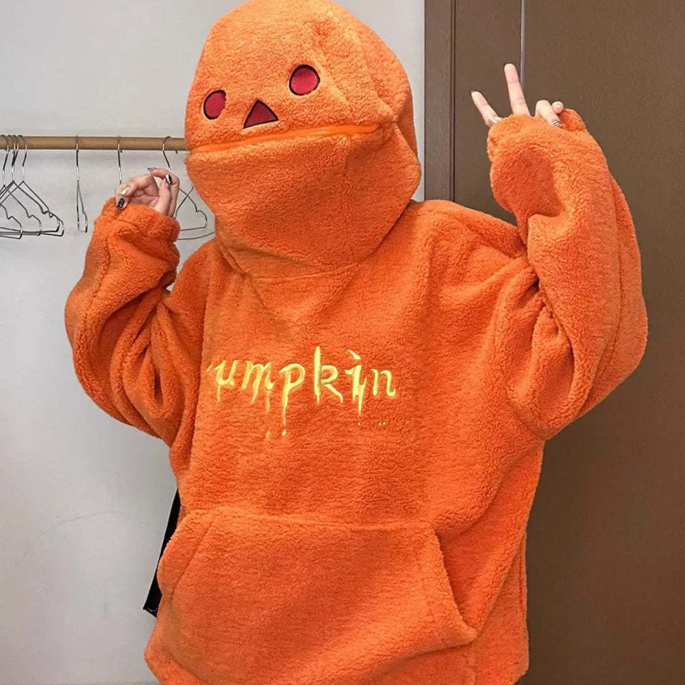 Cute Spooky Halloween Pumpkin Hoodie for Women Fuzzy Fleece Pullover