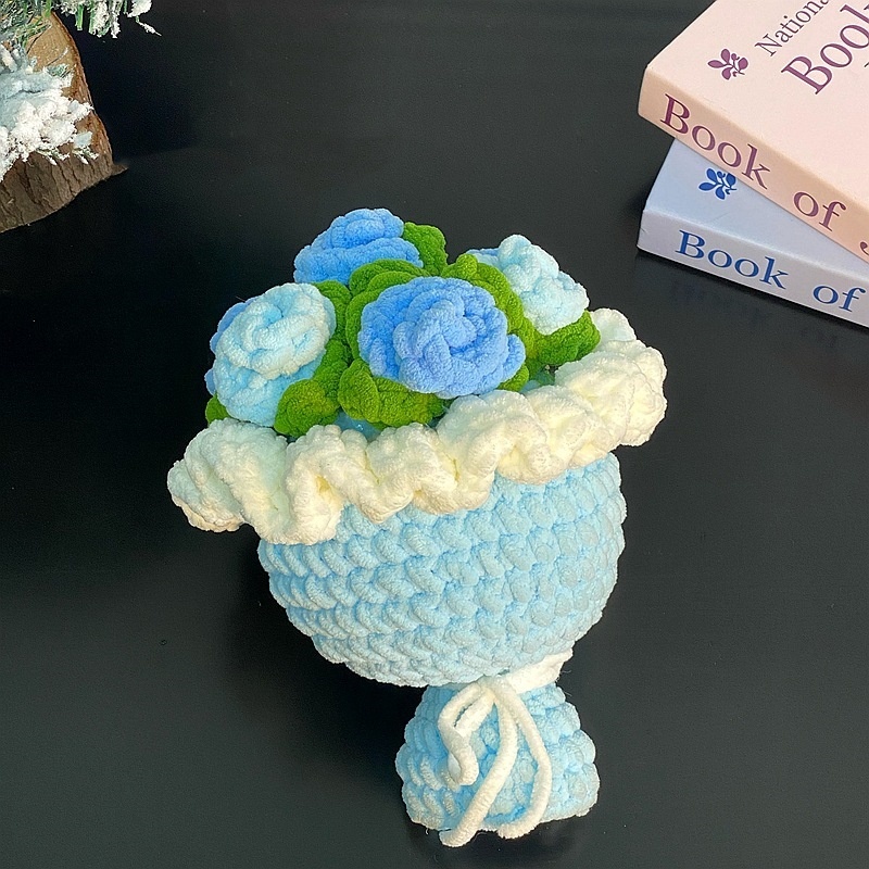 Handmade Crochet Rose Bouquet – DIY Woven Ice Yarn Flowers, Finished Gift for Mother's Day, Anniversary or Birthday