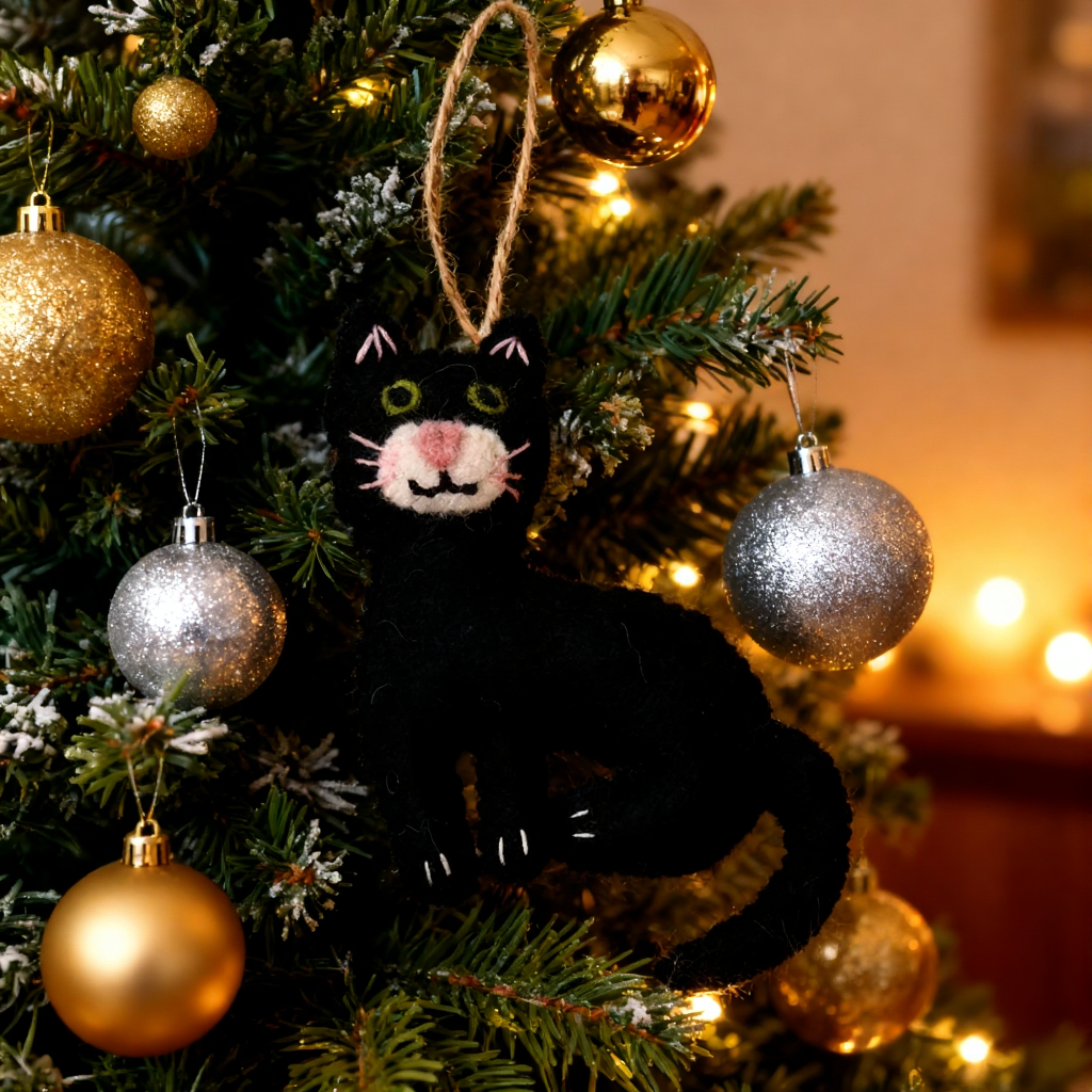 Felt Stitched Cat Christmas Ornament, Gift For Cat Lovers, Needle Felted Ornaments, Biodegradable Ornaments, Kitty Ornaments