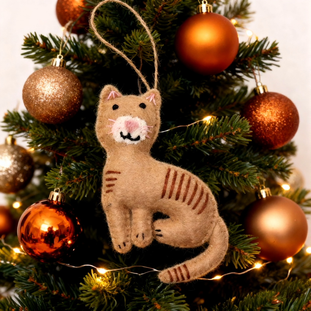 Felt Stitched Cat Christmas Ornament, Gift For Cat Lovers, Needle Felted Ornaments, Biodegradable Ornaments, Kitty Ornaments