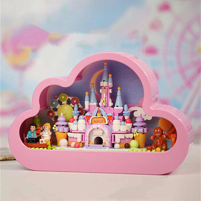 Cloud mirror lamp sweet castle building blocks with lights ornaments assembly toys Christmas Valentine's Day gift