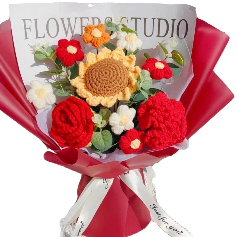 Crochet Flowers Bouquet Handmade Knitted Rose Tulip Bouquet Gift Happy Mother's Day Gift