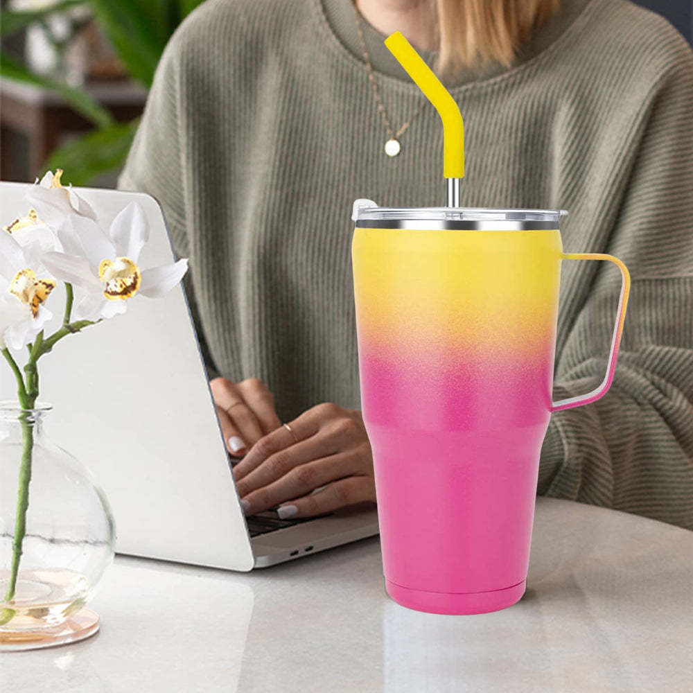 Stainless Steel Insulated Travel Mug with Handle and Straw Coffee Travel Cup for Car Office Home - SantaSocks