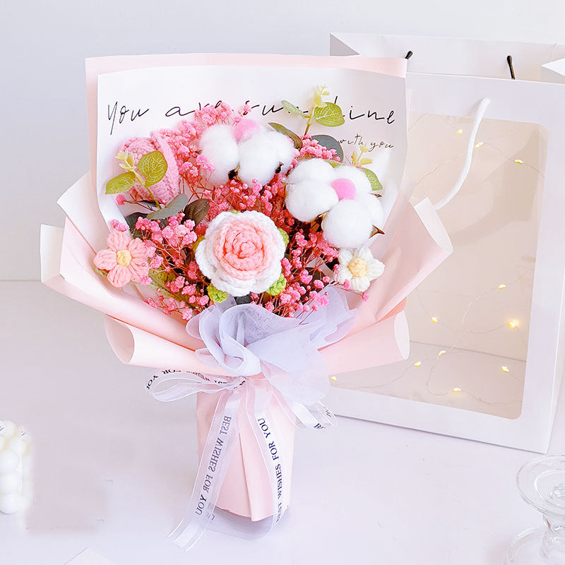 Crochet Flowers Bouquet Handmade Knitted Rose Cotton and Tulip Bouquet Gift for Her Graduation Gift