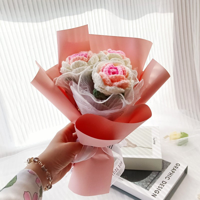 Crochet Flowers Bouquet Handmade Knitted Bouquet of Three Roses Gift for Her Graduation Gift