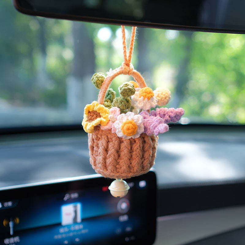 Cute Knitted Flowers Basket Crochet Plant Car Mirror Hanging Accessories Gift for Her - SantaSocks