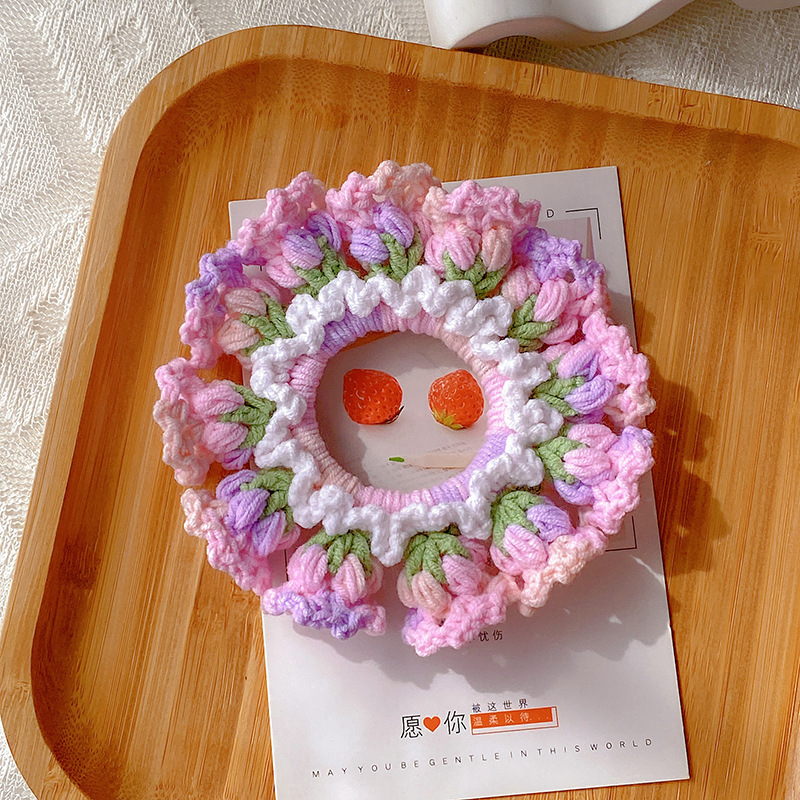 Gifts for Mom Hand-Woven Lily Of The Valley Wool Large Intestine Hair Ring High Elastic Ponytail Hair Ring - SantaSocks