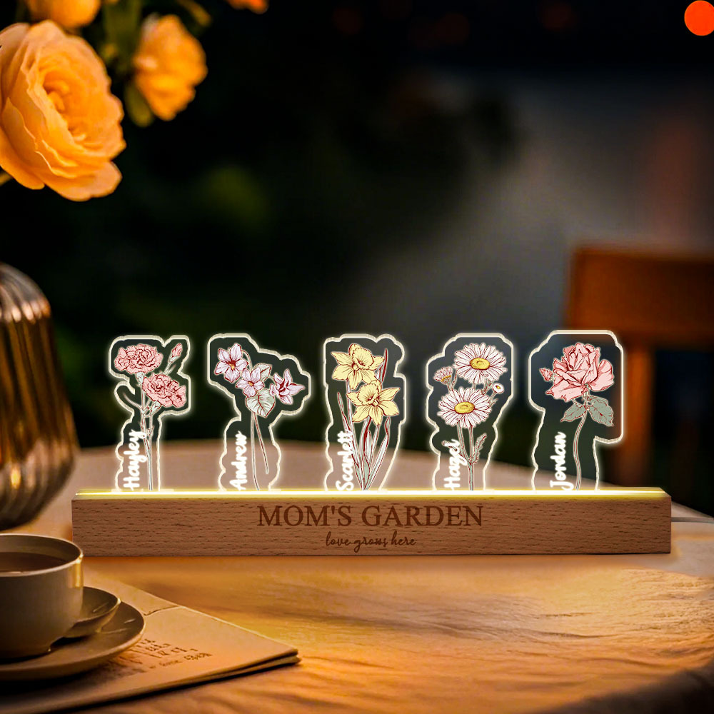 Custom Birth Flower 3D Crystal Acrylic LED Light With Children's Names Mothers Day Gift