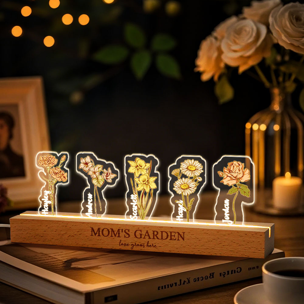 Custom Birth Flower 3D Crystal Acrylic LED Light With Children's Names Mothers Day Gift