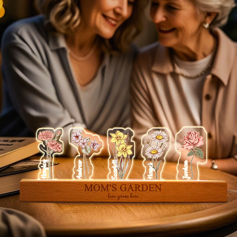 Custom Birth Flower 3D Crystal Acrylic LED Light With Children's Names Mothers Day Gift