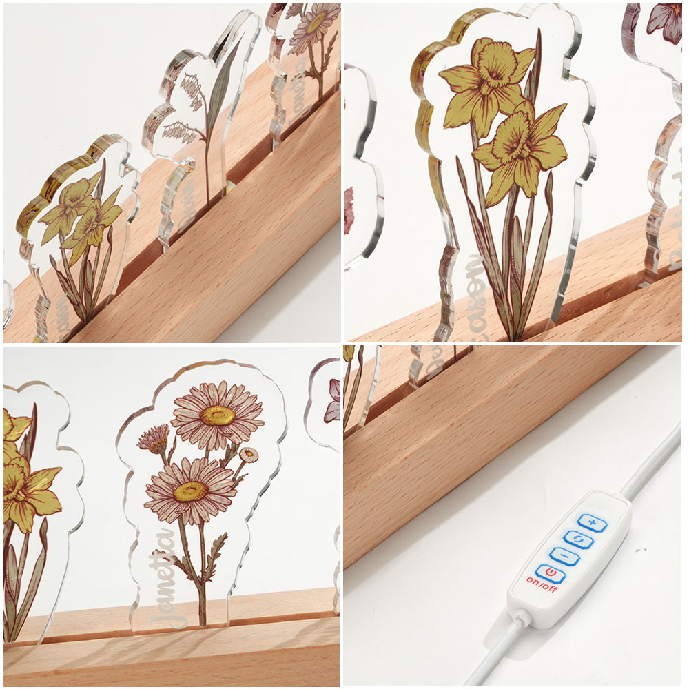 Custom Birth Flower 3D Crystal Acrylic LED Light With Children's Names Mothers Day Gift