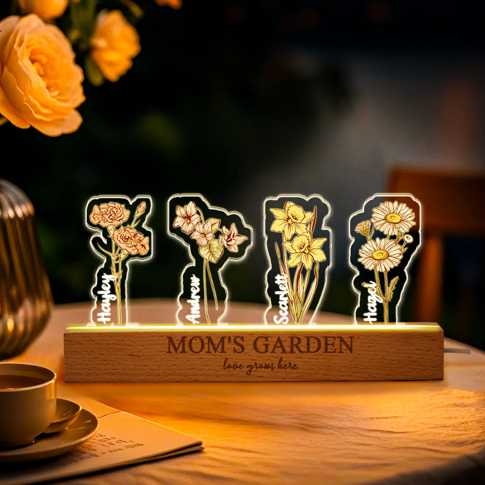 Custom Birth Flower 3D Crystal Acrylic LED Light With Children's Names Mothers Day Gift