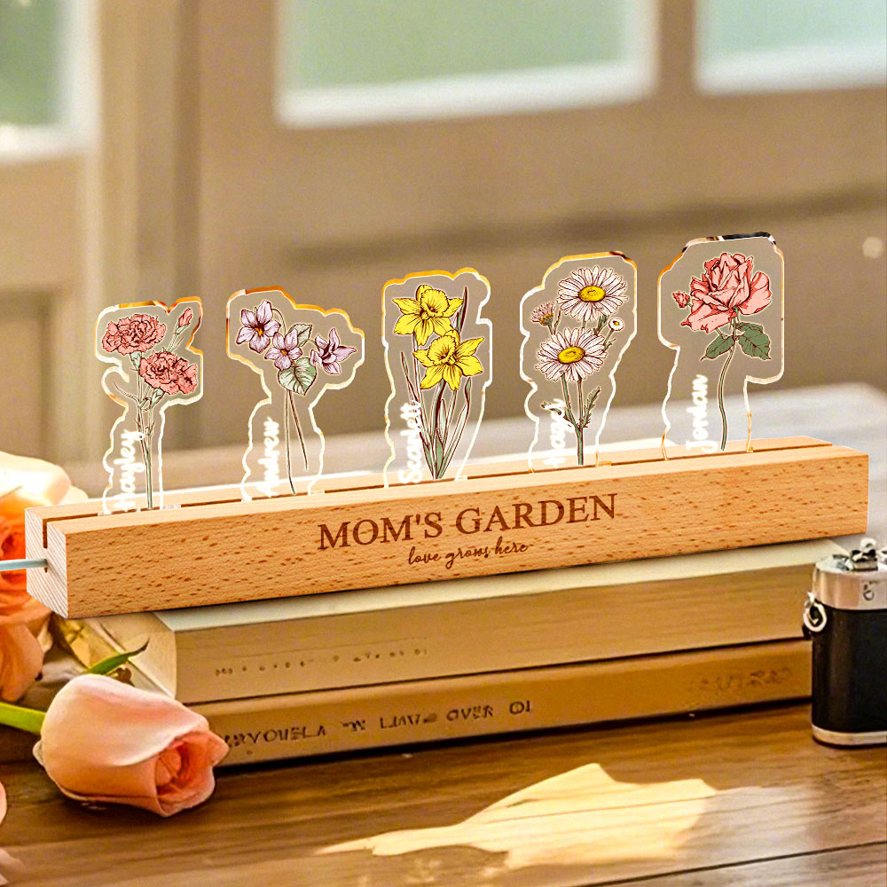 Custom Birth Flower 3D Crystal Acrylic LED Light With Children's Names Mothers Day Gift