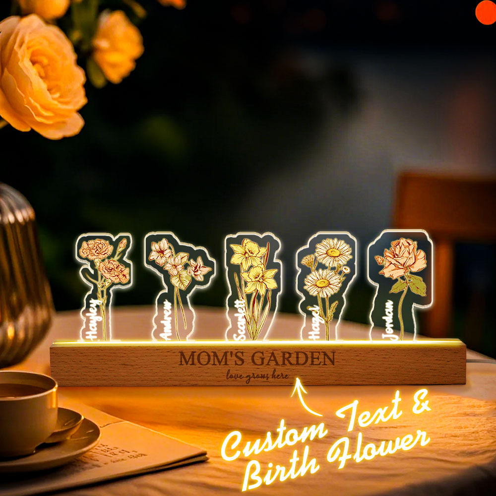 Custom Birth Flower 3D Crystal Acrylic LED Light With Children's Names Mothers Day Gift