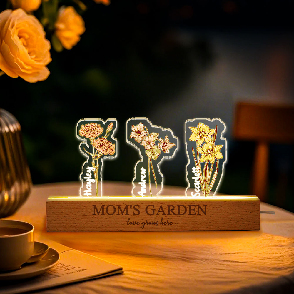 Custom Birth Flower 3D Crystal Acrylic LED Light With Children's Names