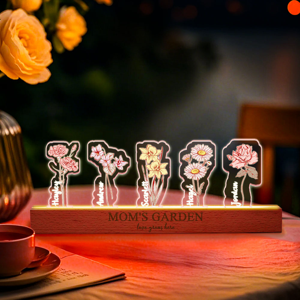 Custom Birth Flower 3D Crystal Acrylic LED Light With Children's Names Mothers Day Gift