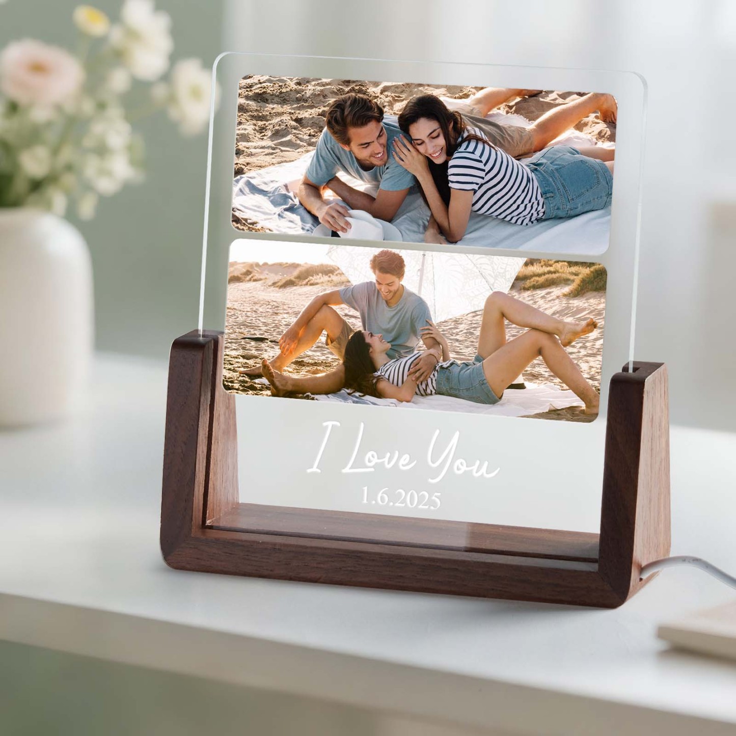 LED Acrylic Night Light with Custom Photos Personalize with Photos and Text Good Memories Gift for Couples - SantaSocks