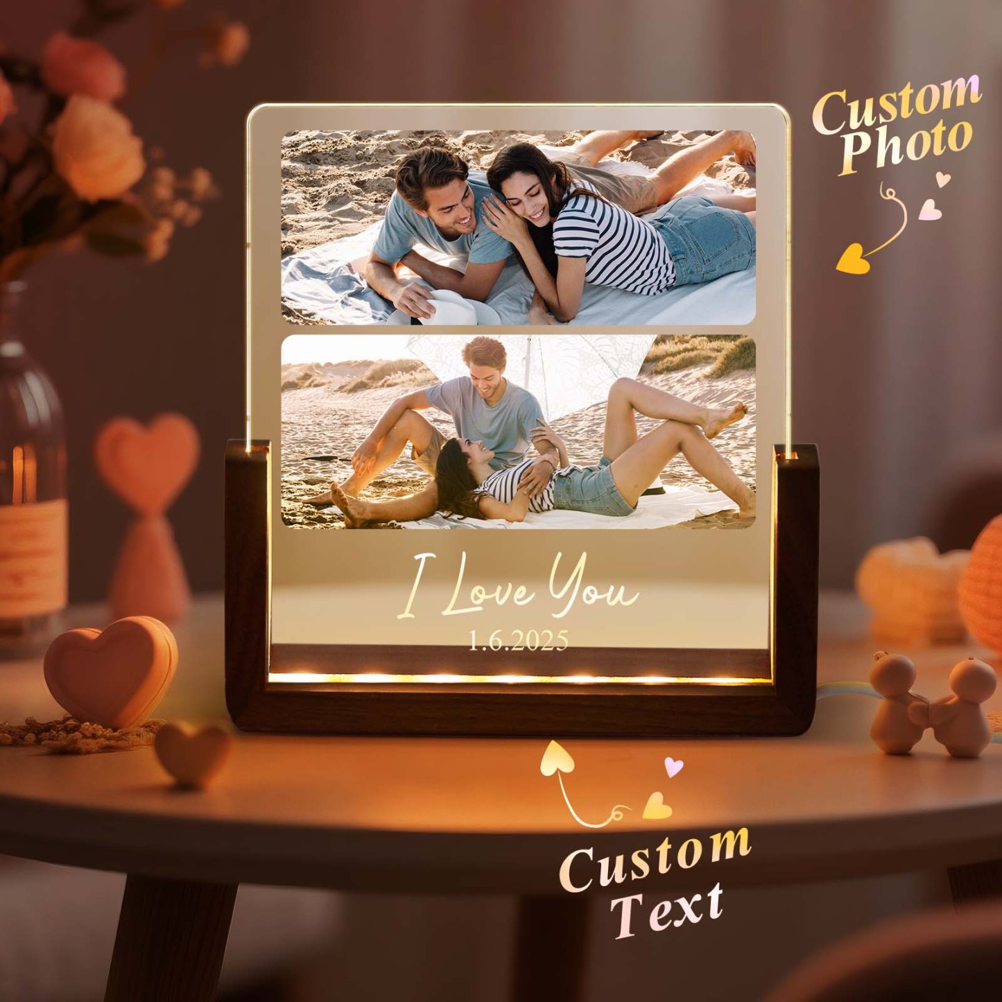 LED Acrylic Night Light with Custom Photos Personalize with Photos and Text Good Memories Gift for Couples - SantaSocks