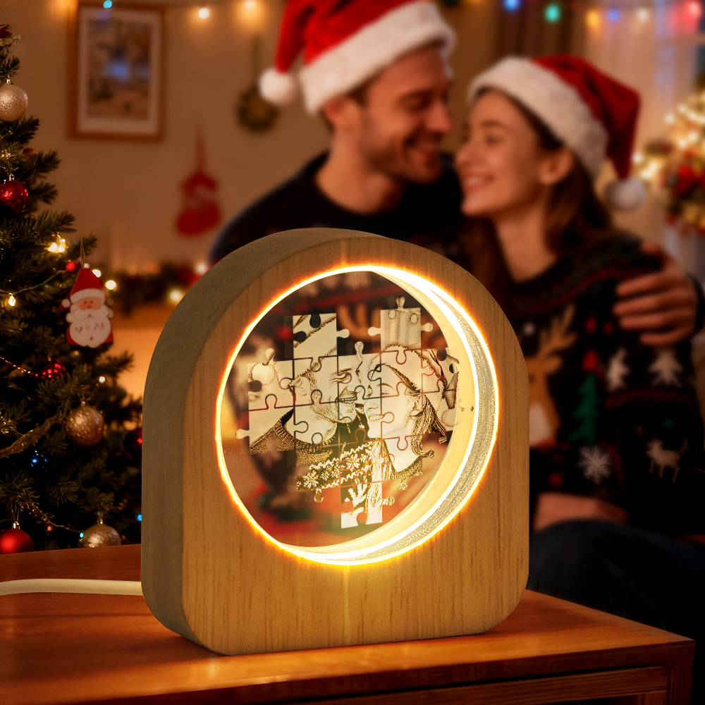 Christmas Gift Custom Crystal Picture Photo Glass Night Light - LED Light Wooden Base, Unique Gift for Lover, Pets, Birthday