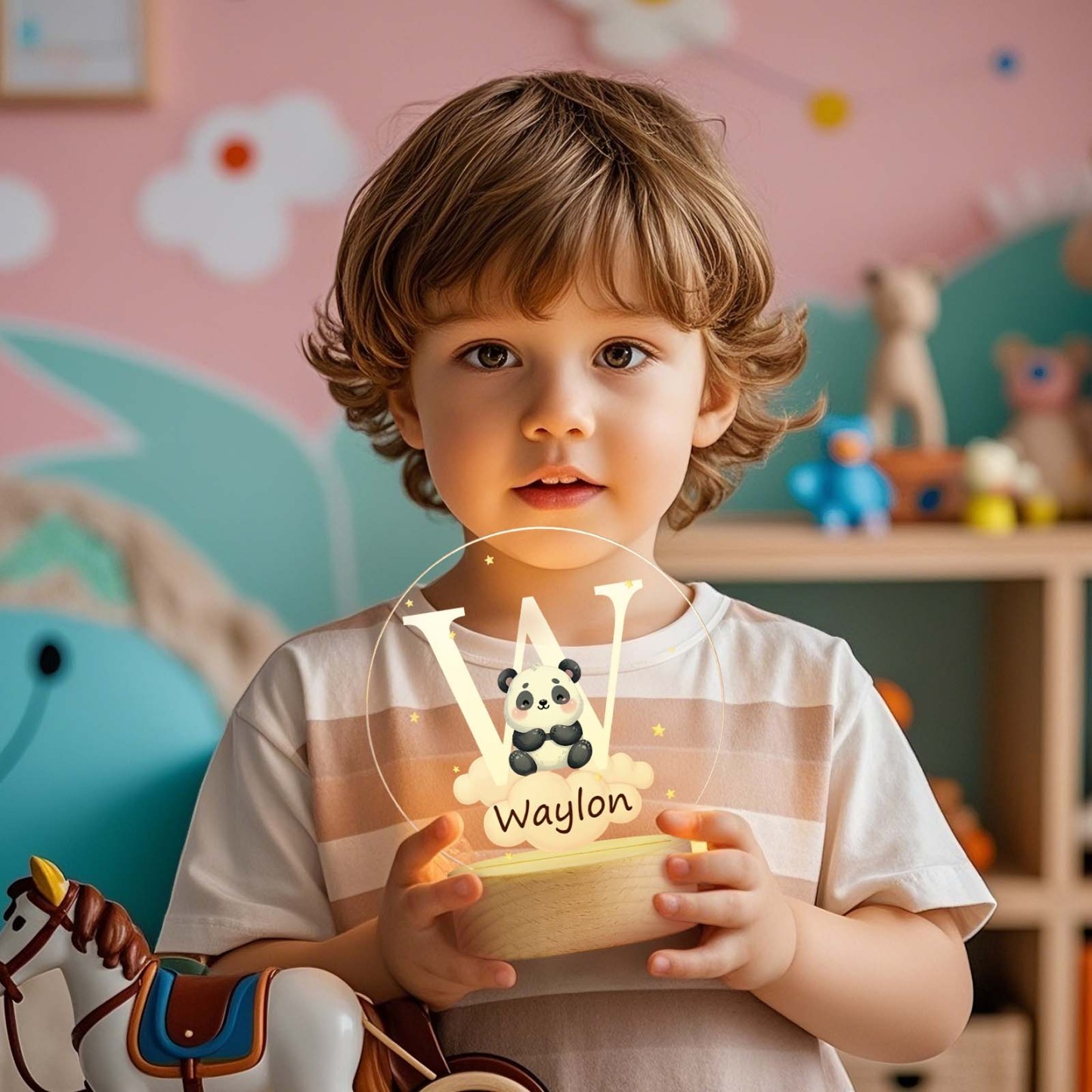 Personalized Fantasy Star Cloud Cute Forest Animal Initial Name LED Night Light with Wooden Base Nursery Decor Birthday Baby Shower Gift for Kids - SantaSocks