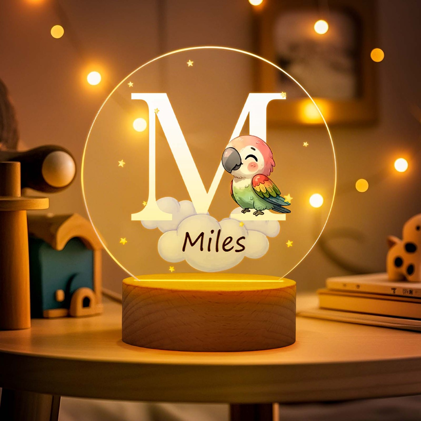 Personalized Fantasy Star Cloud Cute Forest Animal Initial Name LED Night Light with Wooden Base Nursery Decor Birthday Baby Shower Gift for Kids - SantaSocks