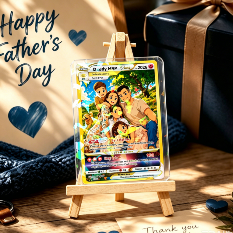 Happy Father's Day Custom Card - Hot Comic Anime Style Personalized Poke Card for Dad - Perfect Gift from Wife & Kids - SantaSocks
