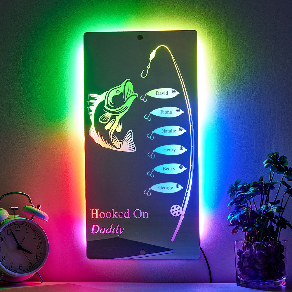 Personalized Hooked On Daddy Mirror Light Custom Name Light Up Mirror Father's Day Gifts
