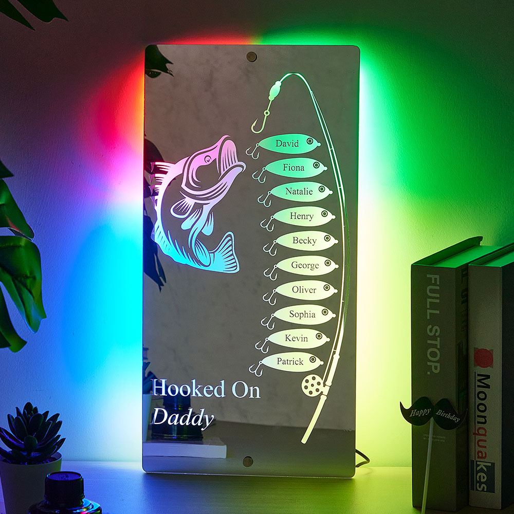 Personalized Hooked On Daddy Mirror Light Custom Name Light Up Mirror Father's Day Gifts