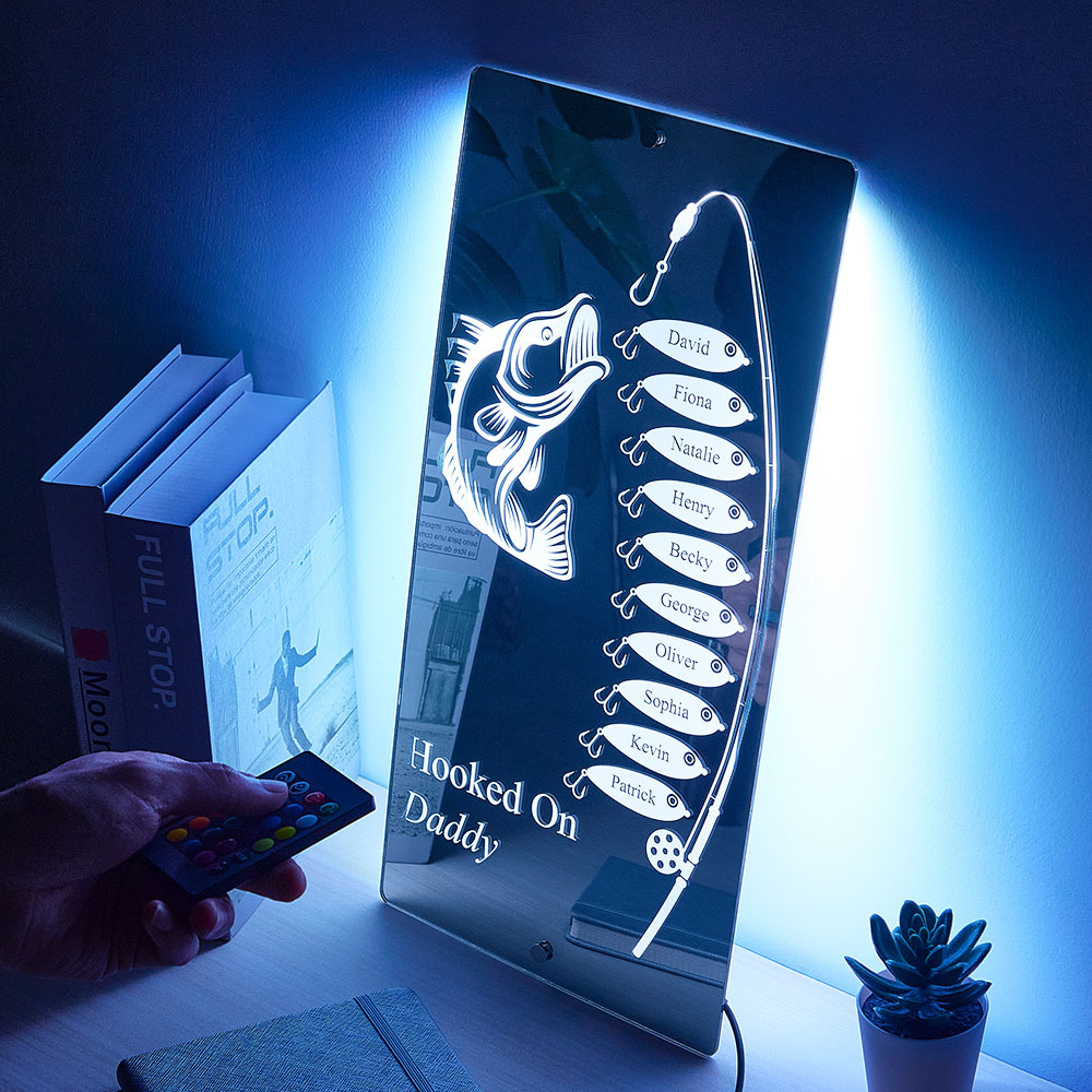 Personalized Hooked On Daddy Mirror Light Custom Name Light Up Mirror Father's Day Gifts