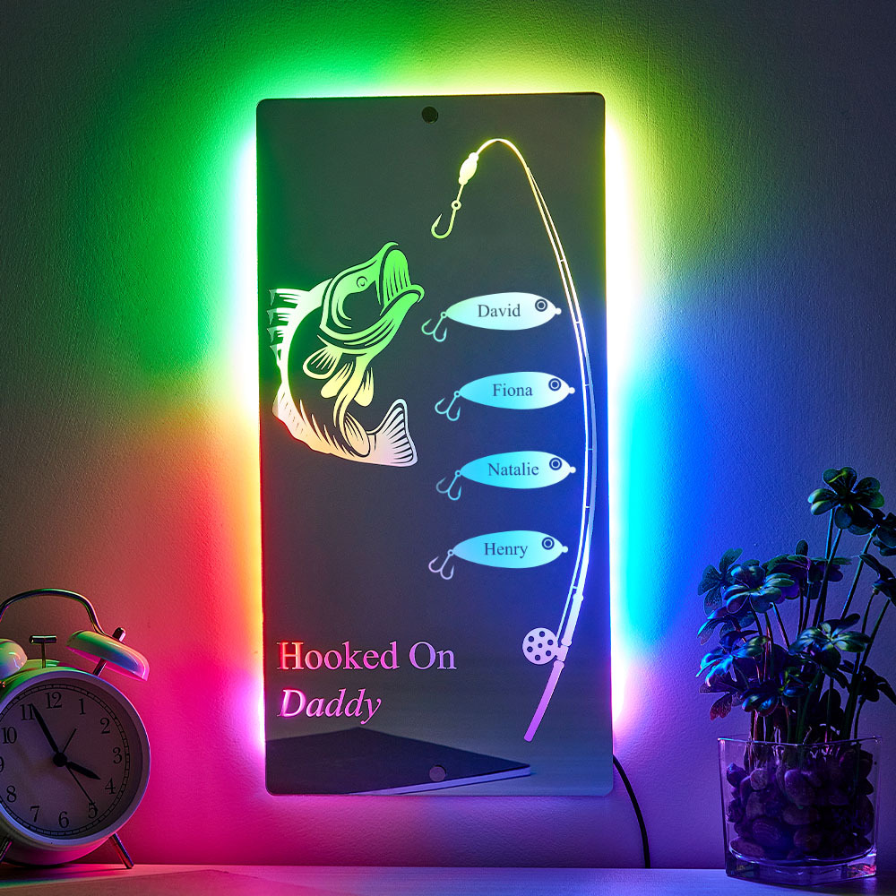 Personalized Hooked On Daddy Mirror Light Custom Name Light Up Mirror Father's Day Gifts