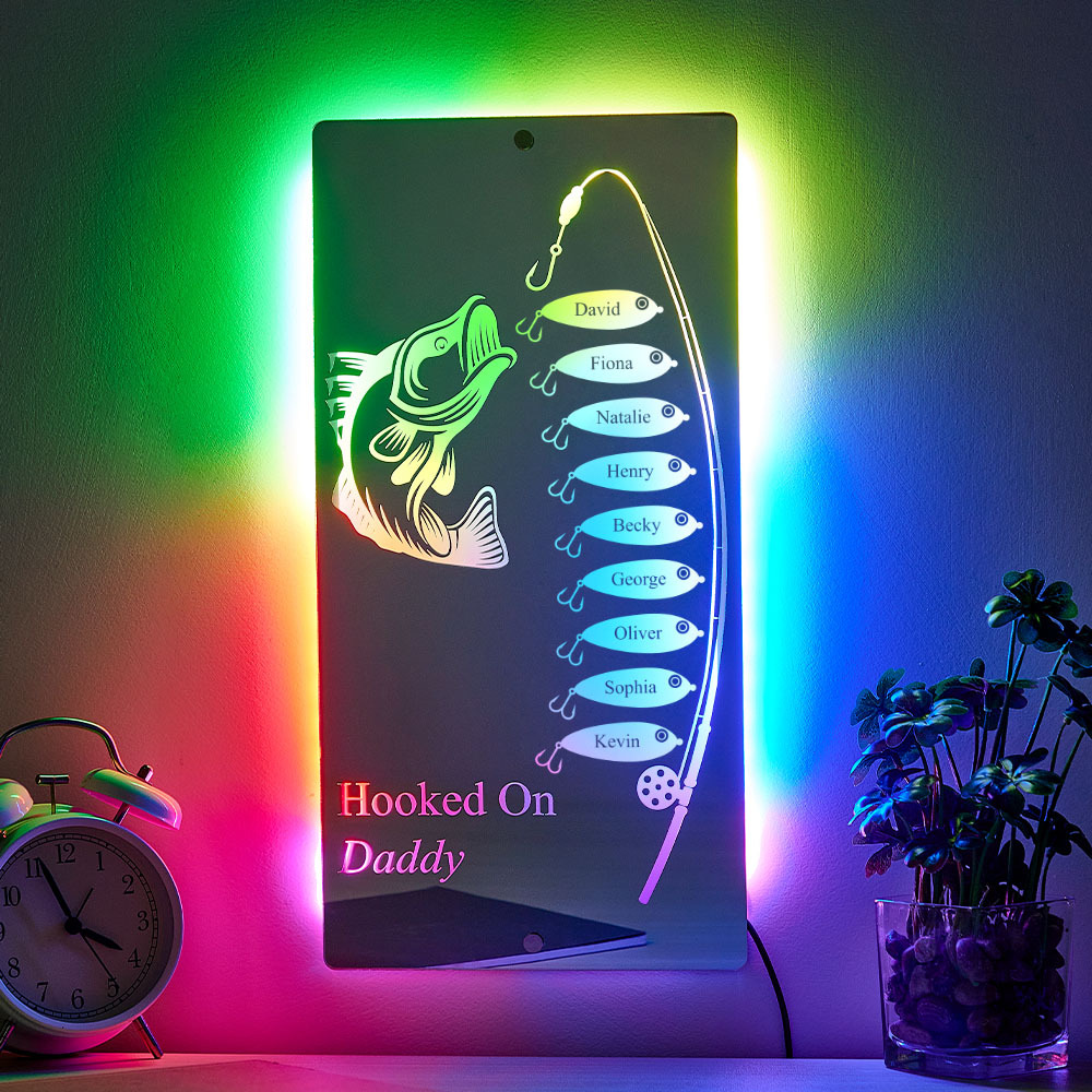 Personalized Hooked On Daddy Mirror Light Custom Name Light Up Mirror Father's Day Gifts