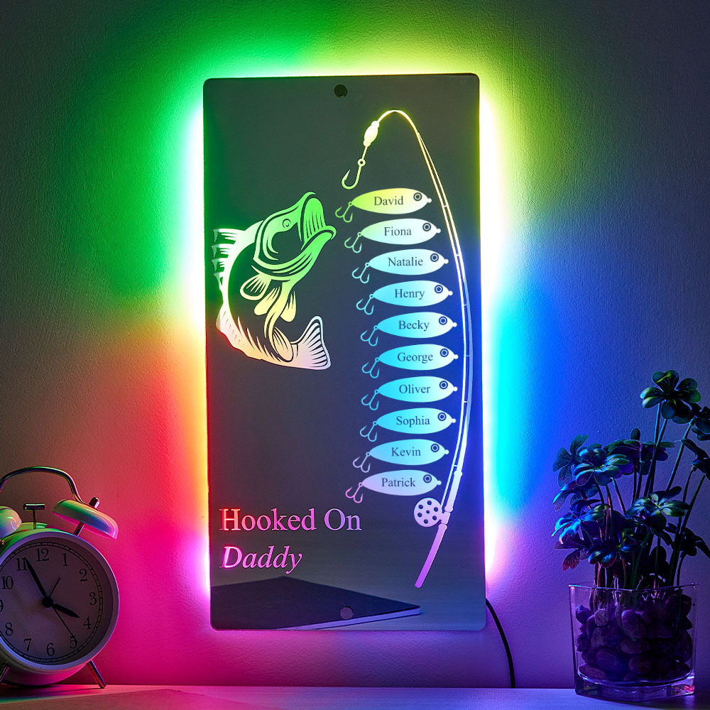 Personalized Hooked On Daddy Mirror Light Custom Name Light Up Mirror Father's Day Gifts